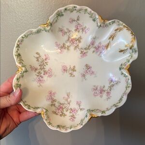 Haviland Limoges Porcelain Bon Bon dish with pink floral & gold gilding design